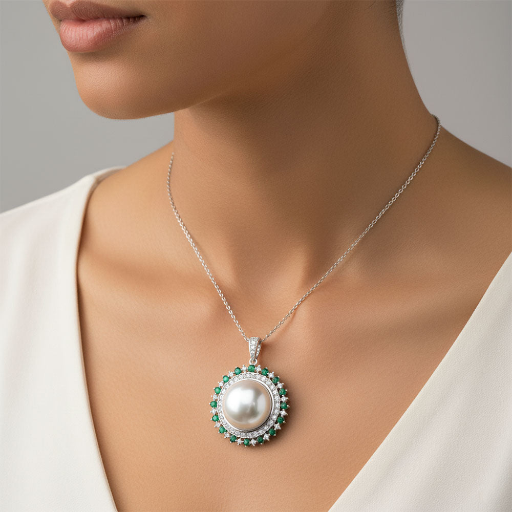 The Grand Pearl & Emerald Halo Pendant